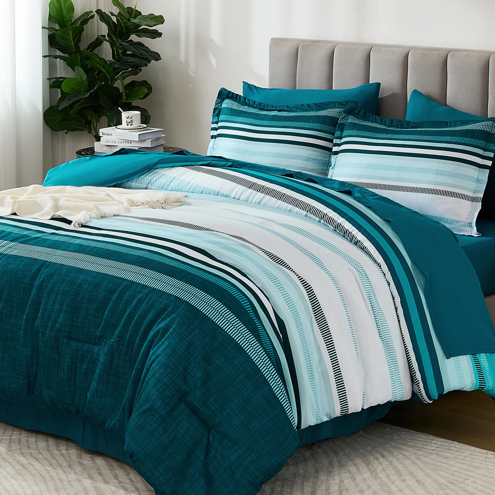 Dobuyly Teal Queen Comforter Set 7 Pieces, Blue Boho Striped Bed In A Bag Queen Size Soft Microfiber All Season Bedding Set With